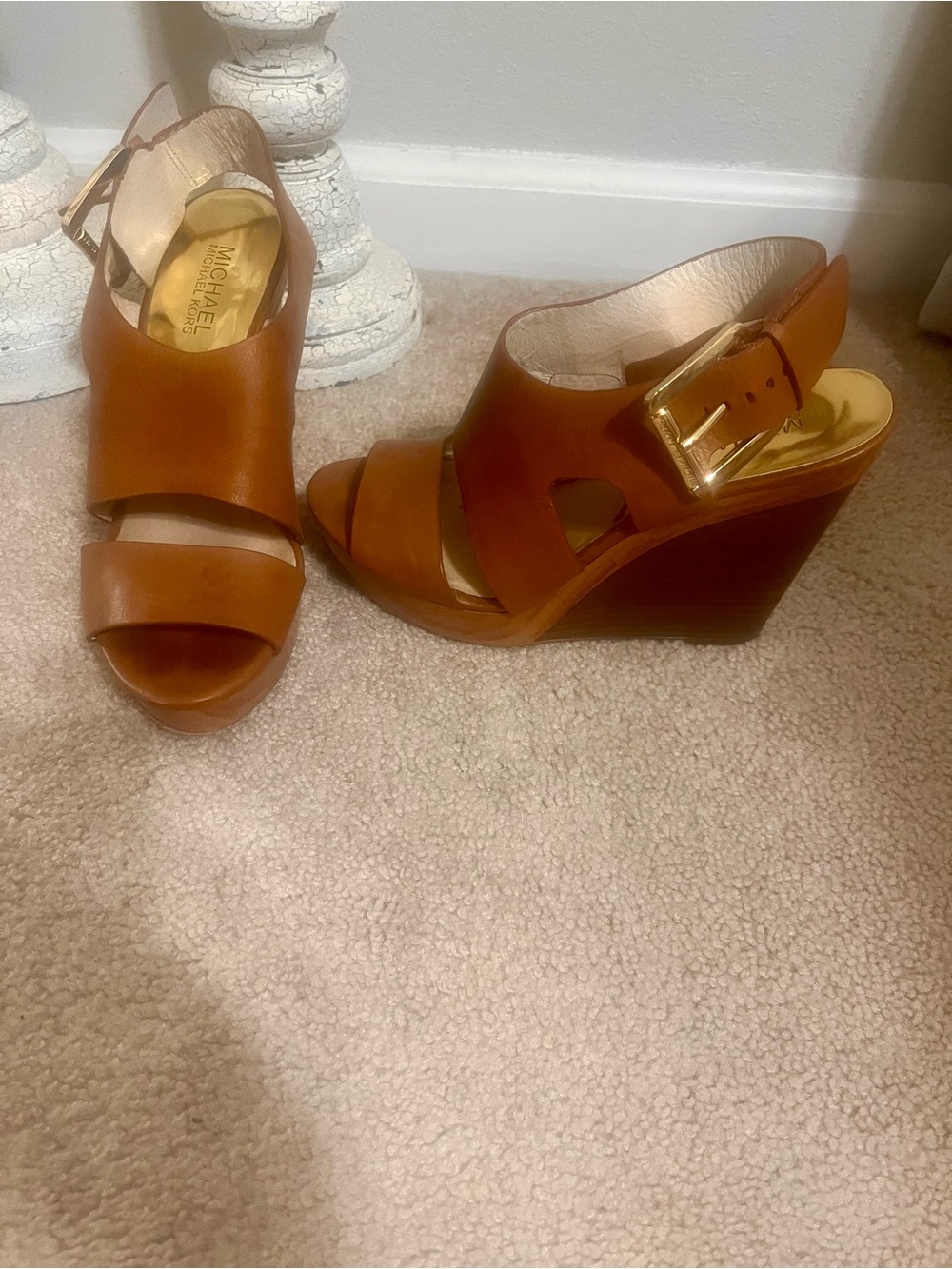 Michael Kors Cognac Leather Wedge Sandals with Gold Buckle
